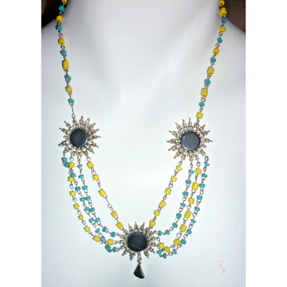 Jewelry - Vintage Yellow Blue Sun Beaded Necklace  Wire 18"‎